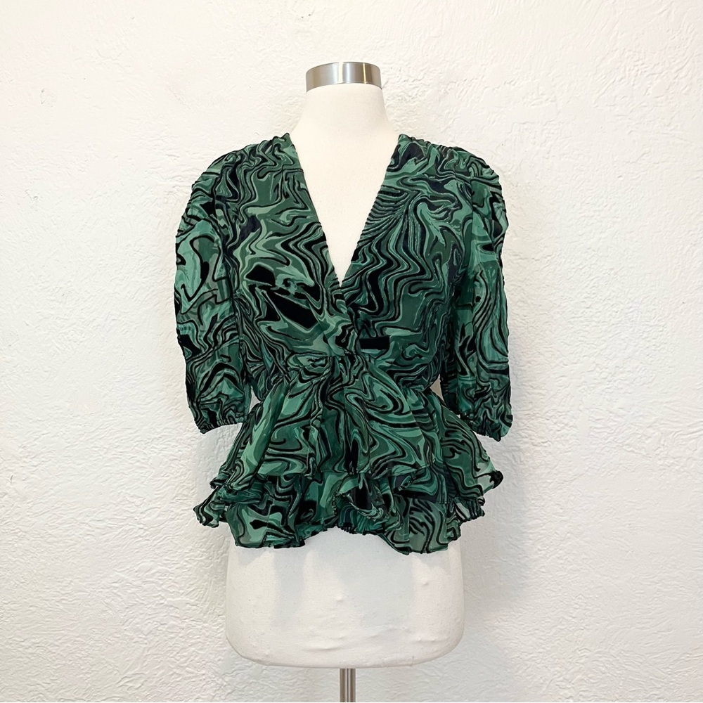 Misa Los Angeles Top Blouse Green Black Velvet Ruffle XS Extra Small